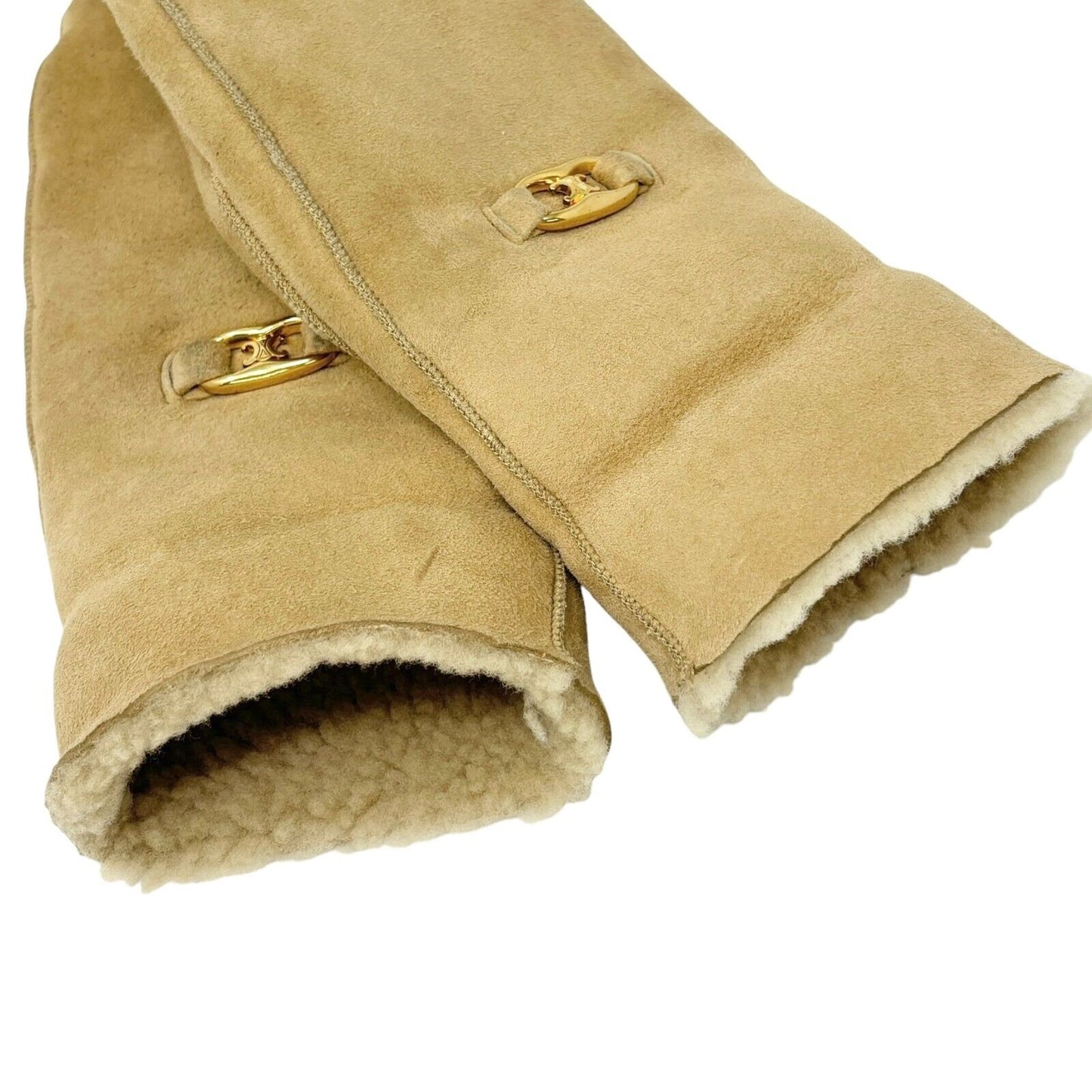 CELINE Vintage Macadam Logo Mouton Gloves Mittens Beige Gold Leather