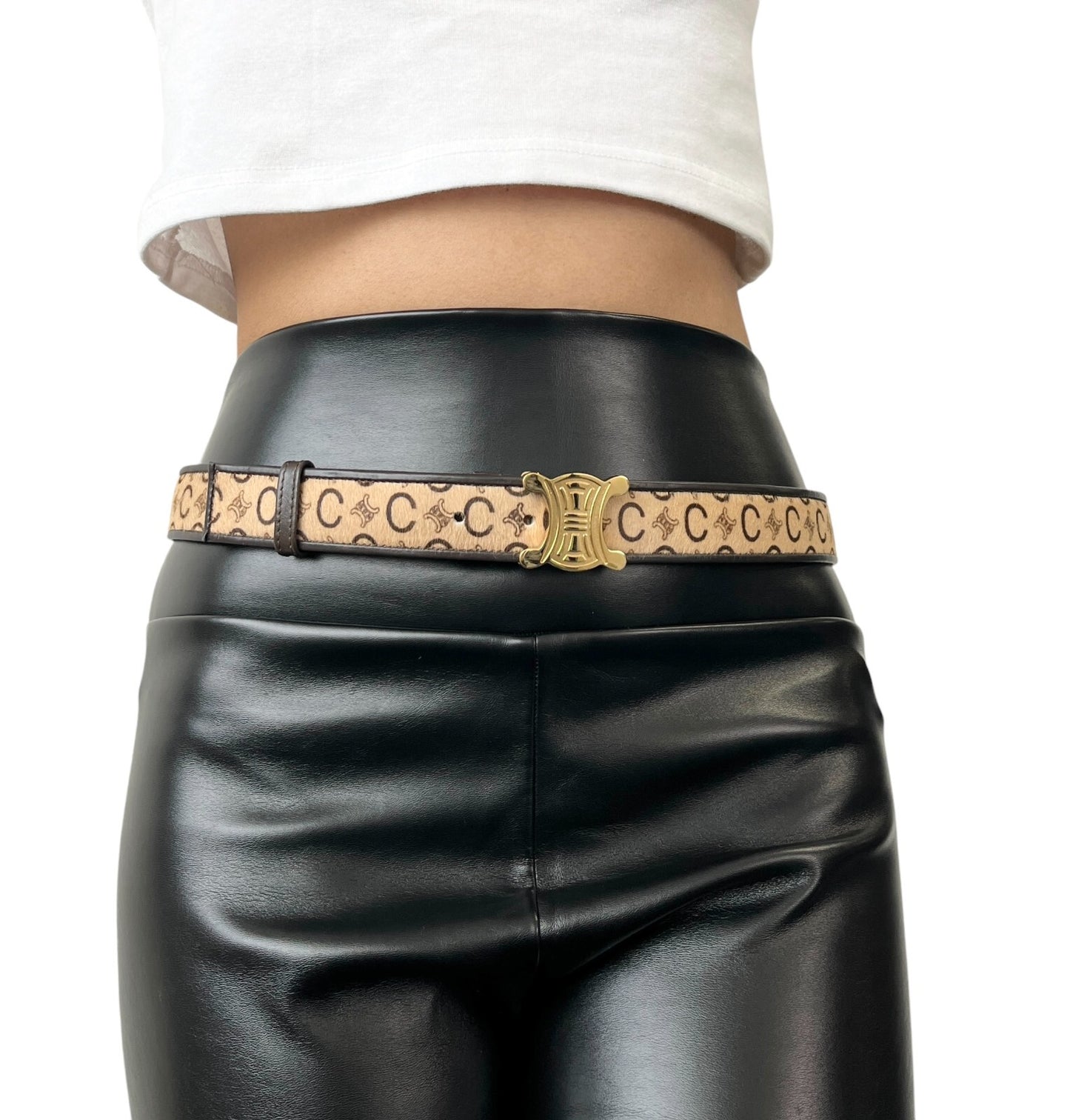 CELINE Vintage Macadam Logo Belt #32/80 Fashion Accessory Brown Gold Calf Hair