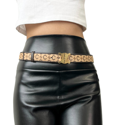 CELINE Vintage Macadam Logo Belt #32/80 Fashion Accessory Brown Gold Calf Hair