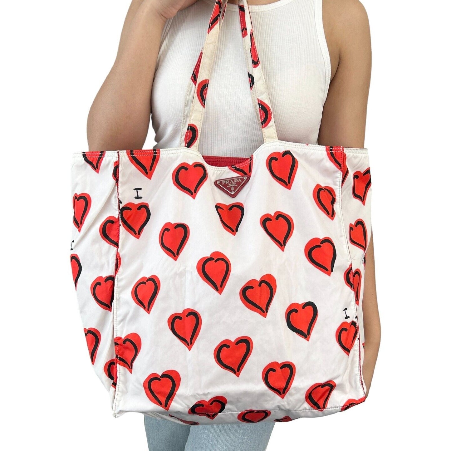 PRADA Vintage Logo Heart Pattern Tote Bag Handbag White Red Black Silver Nylon