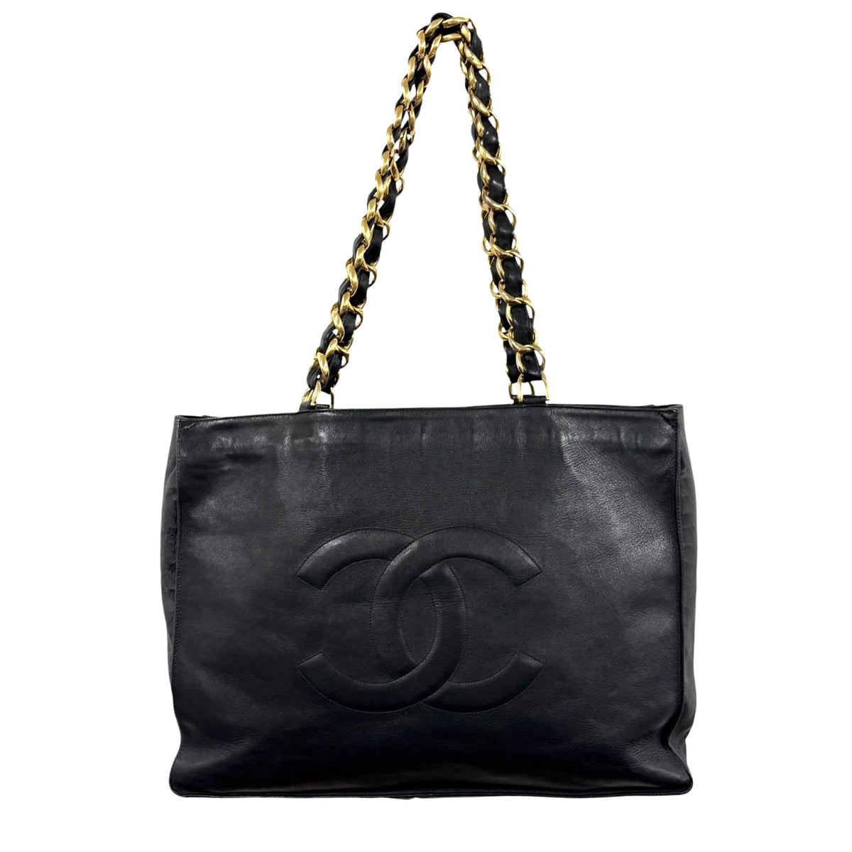 CHANEL Vintage Big CC Logo Chain Tote Shoulder Bag Black Gold Leather 902803