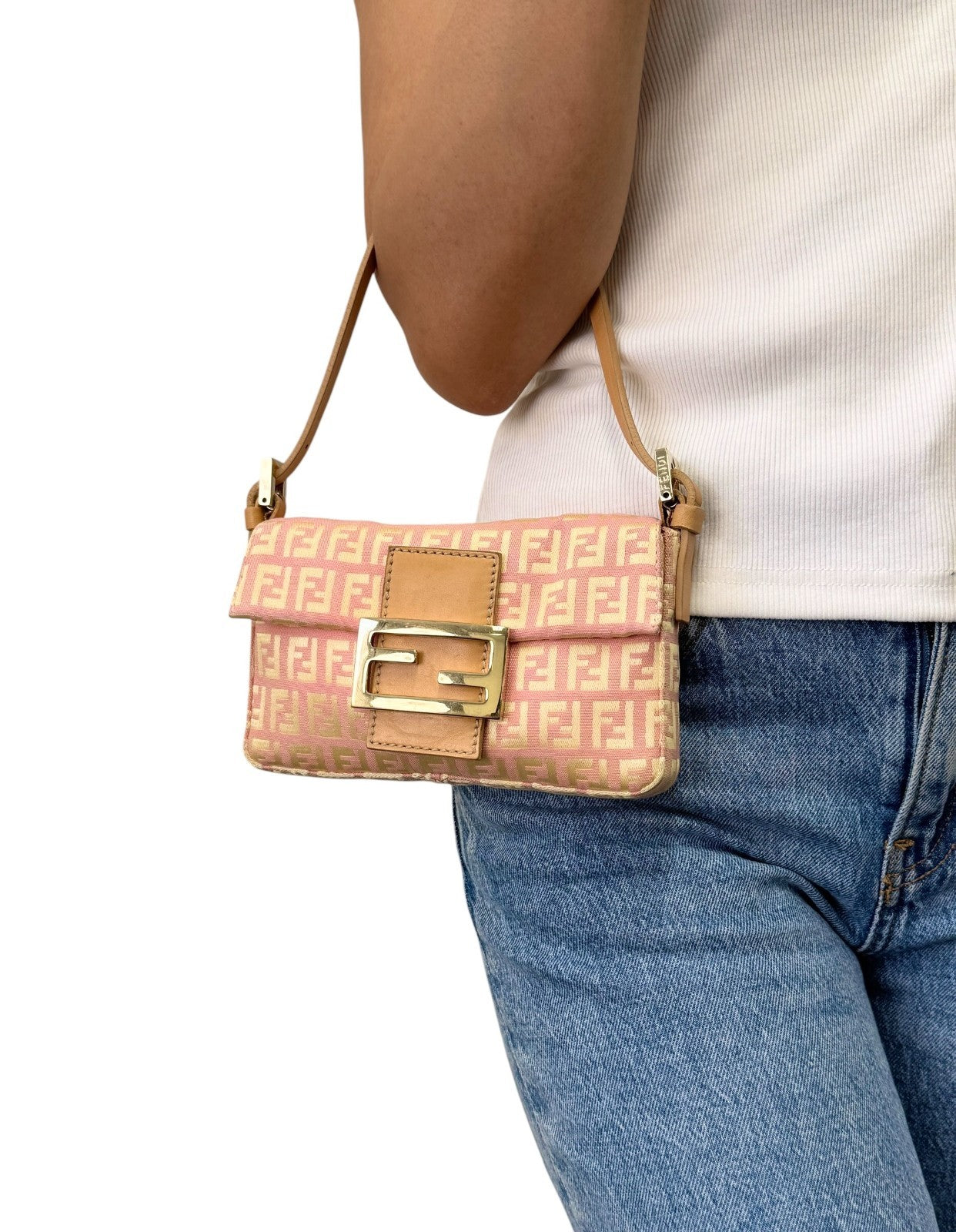 FENDI Vintage Zucchino Mamma Baguette Mini Bag Pochette Pink Beige 901893