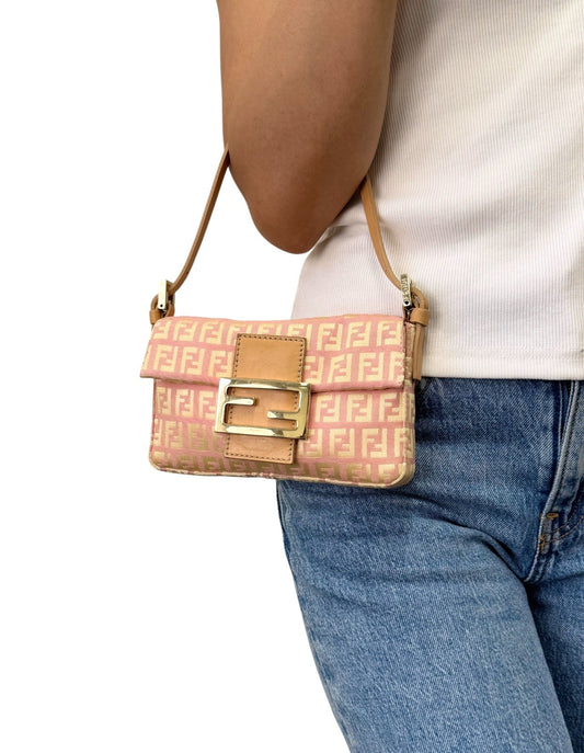 FENDI Vintage Zucchino Mamma Baguette Mini Bag Pochette Pink Beige 901893