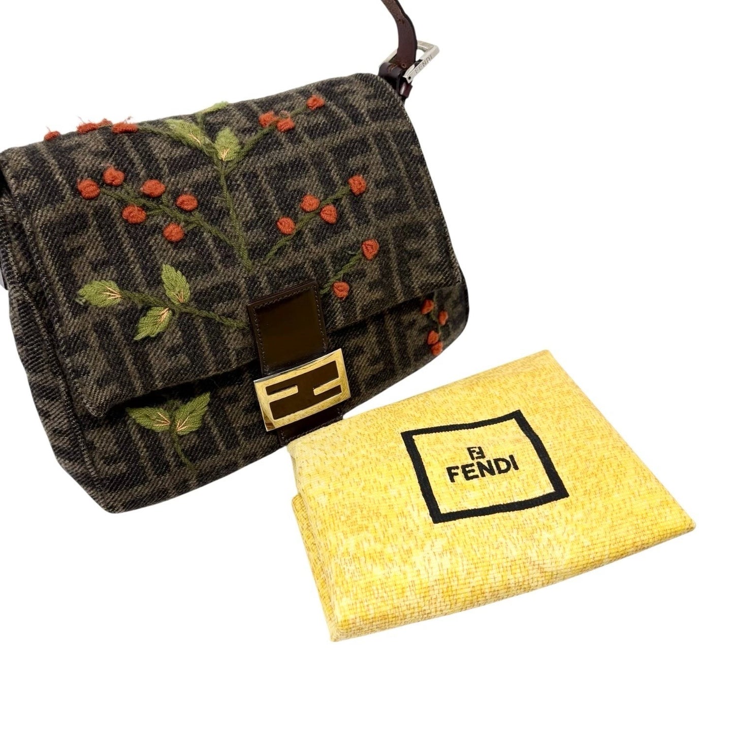 FENDI Vintage FF Mamma Baguette Wool Knit Shoulder Bag Brown Flower