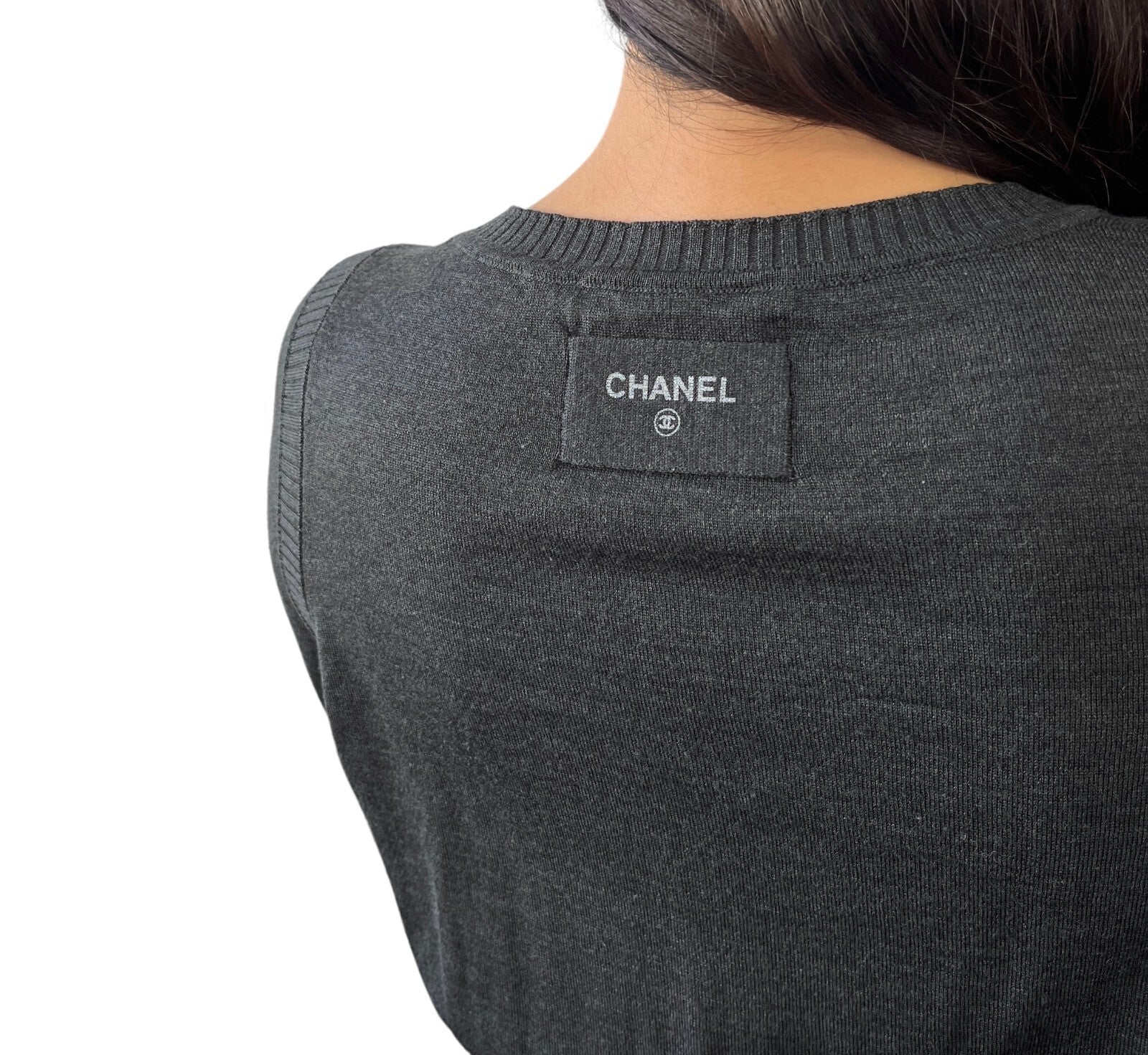 CHANEL Vintage P39367 CC Mark Back Logo Knit Dress #42 Dark Gray Wool RankAB
