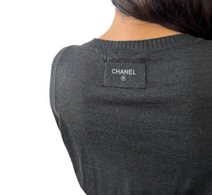 CHANEL Vintage P39367 CC Mark Back Logo Knit Dress #42 Dark Gray Wool RankAB