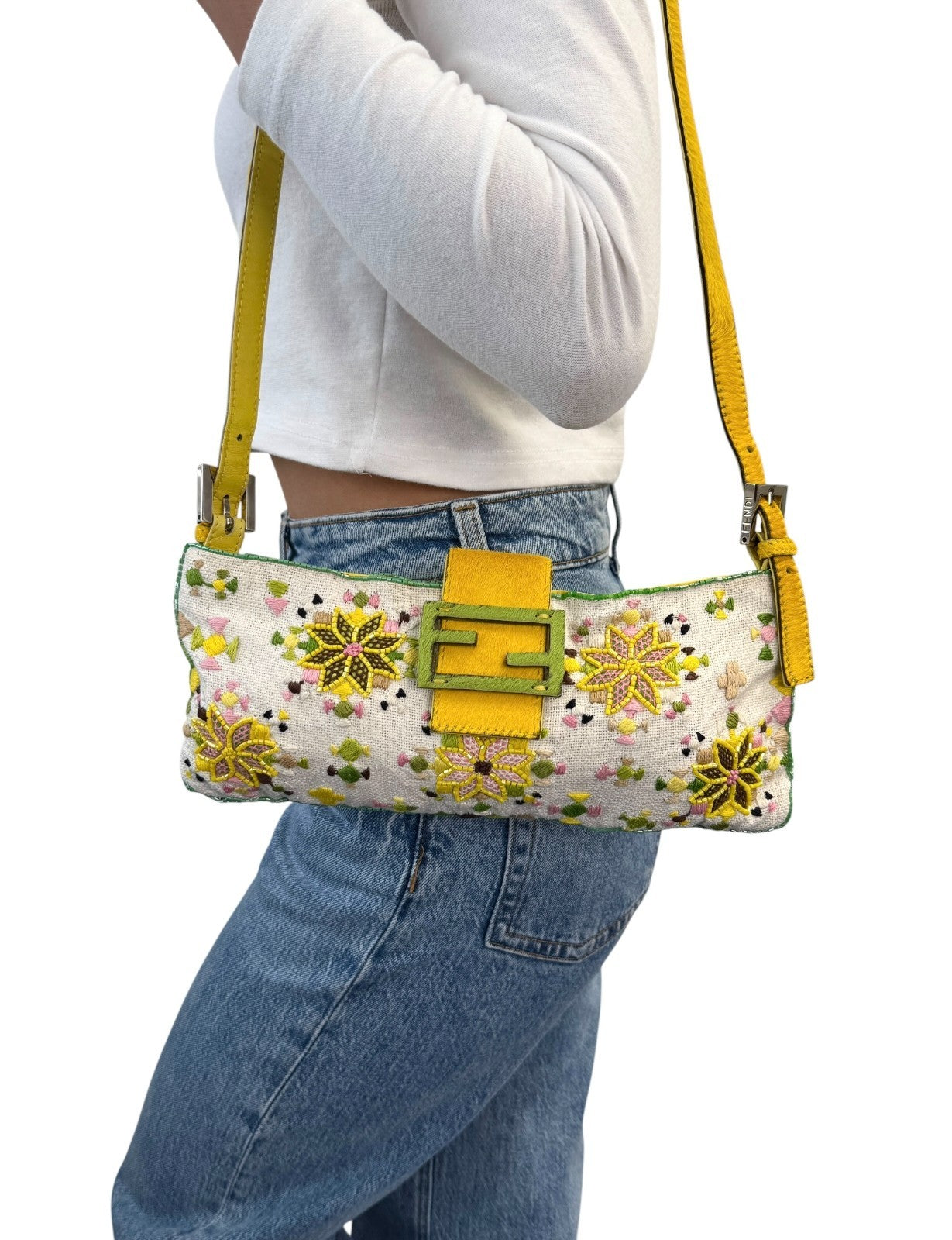 FENDI Vintage FF Beads Mamma Baguette Crossbody Bag Flower Embroidery Yellow