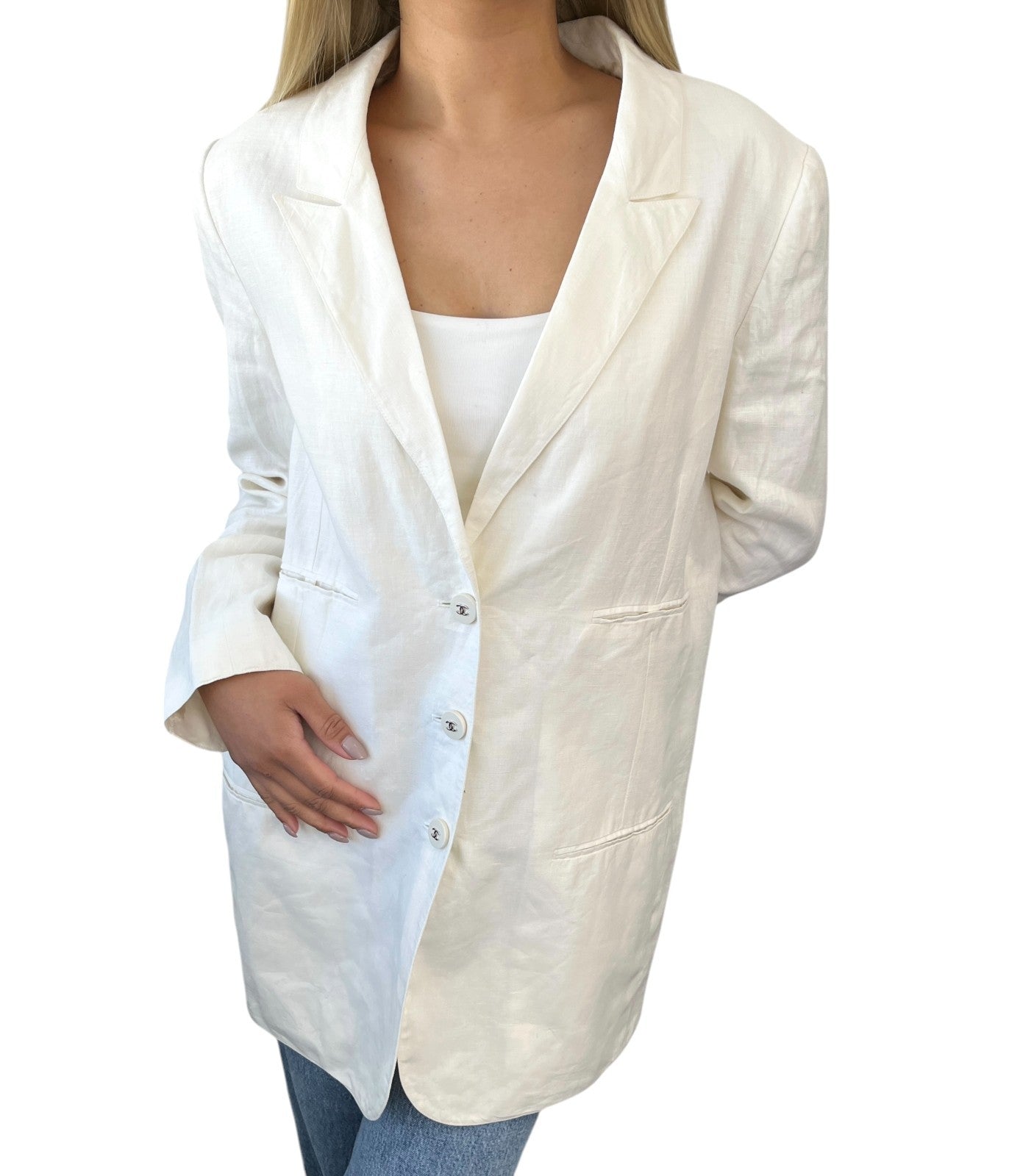 CHANEL Vintage 96P CC Mark Logo Jacket Silver Button #38 White Linen Silk