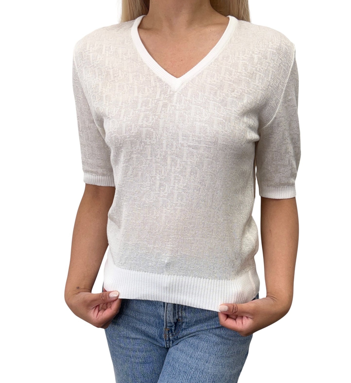 Christian Dior Vintage Trotter Monogram V-neck T-shirt Top #M White 902430