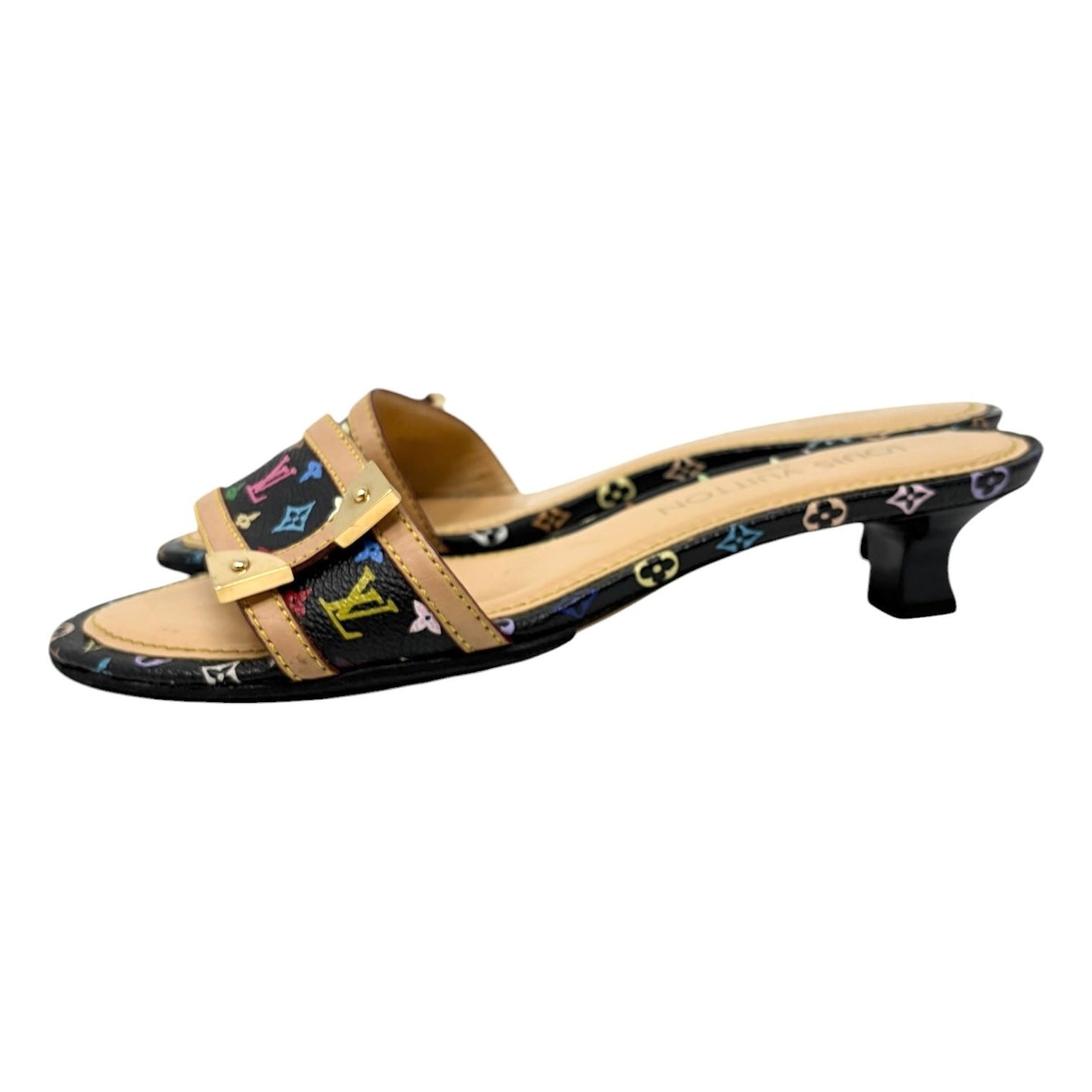 LOUIS VUITTON Vintage Monogram Multicolor Sandals Heels #37.5 Black Beige