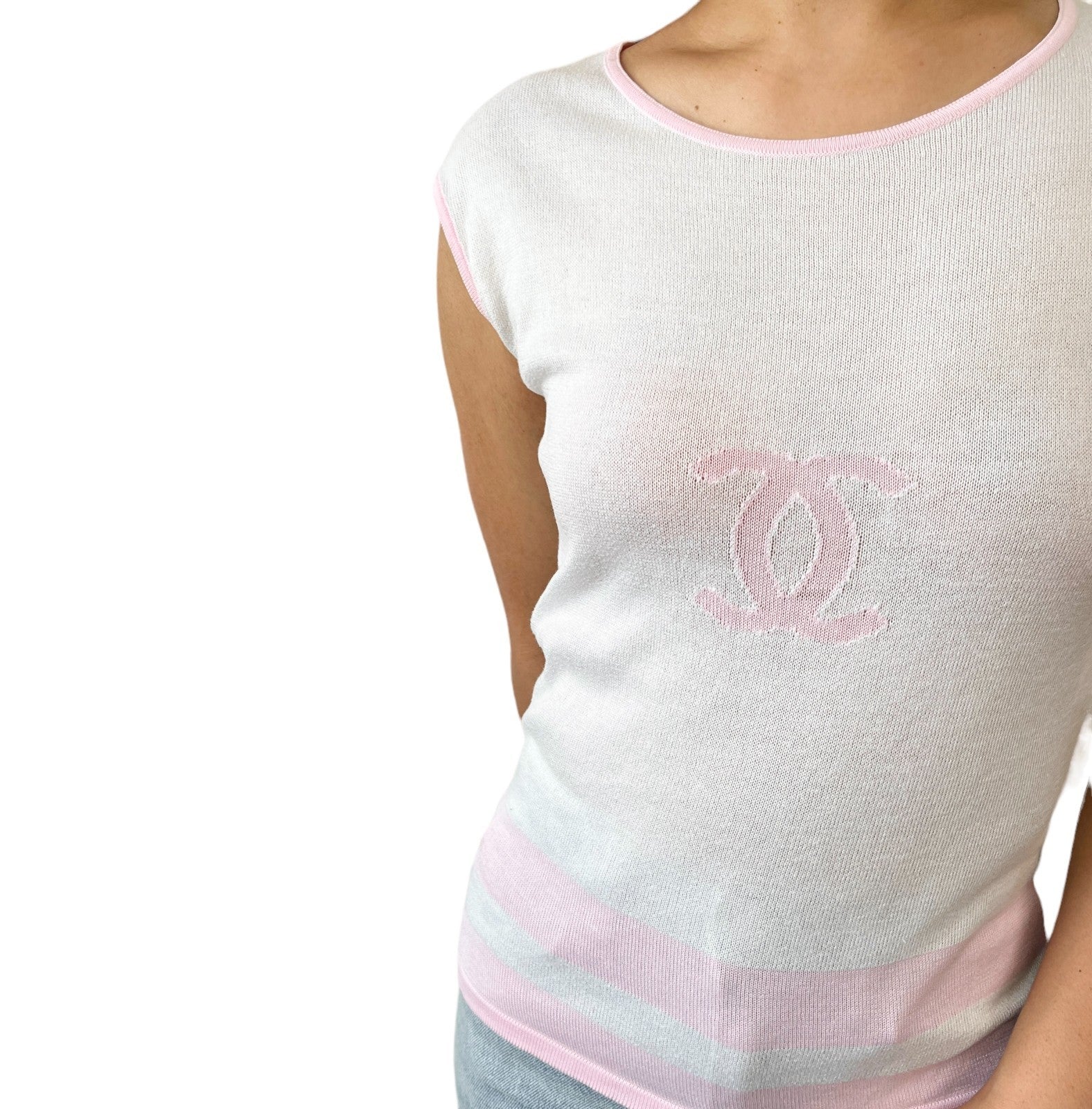 CHANEL Vintage 00S CC Mark Logo Sleeveless Top Tank Knit Cotton White Pink