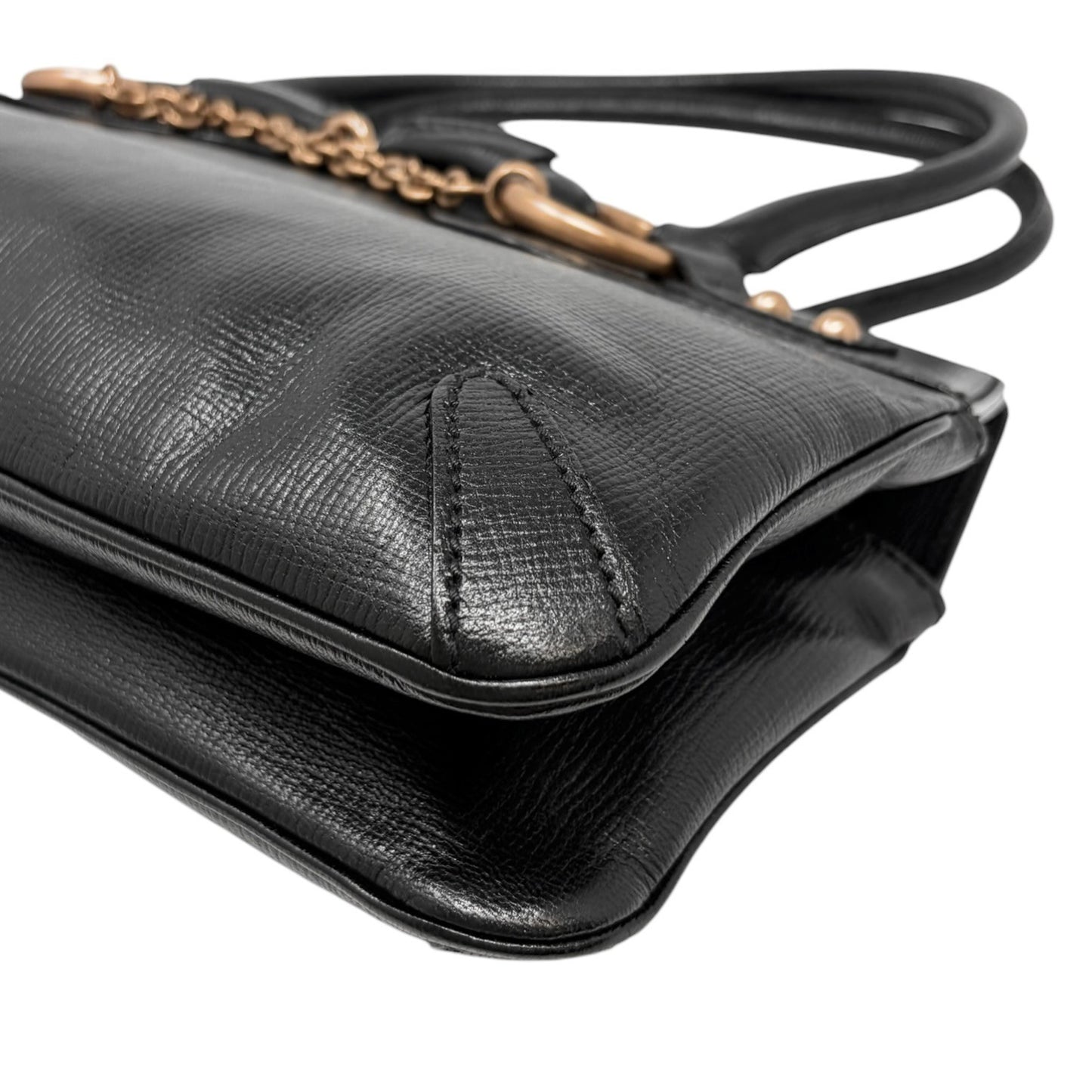 GUCCI Vintage Horsebit Chain Shoulder Tote Bag Black Gold Leather 902057