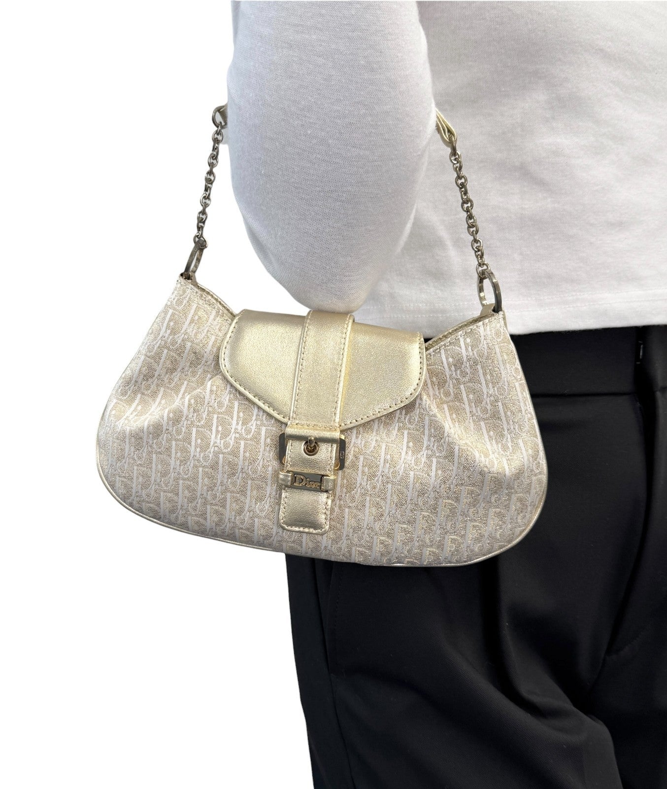 Christian Dior Vintage 2002 Trotter Monogram Chain Mini Bag Pchette White Gold