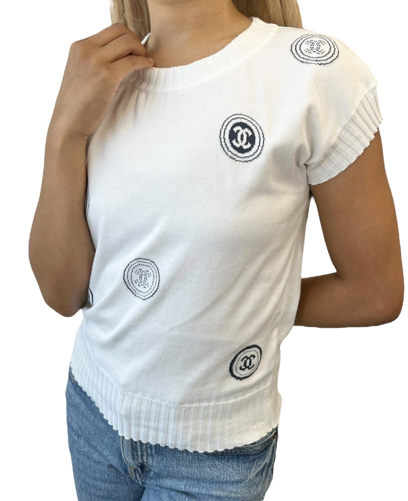 CHANEL Vintage 01P CC Logo T-shirt Top #34 White Blue Cotton Rib short sleeve