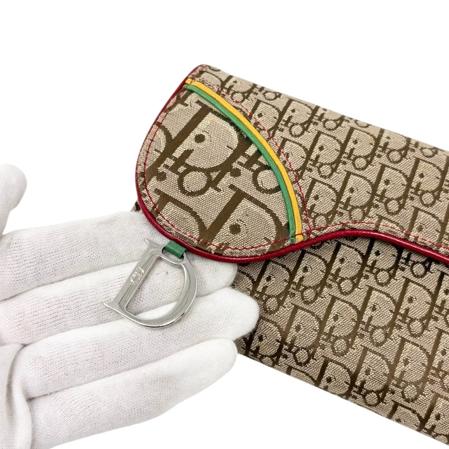 Christian Dior Vintage Trotter Monogram Rasta Color Canvas Saddle Wallet Beige