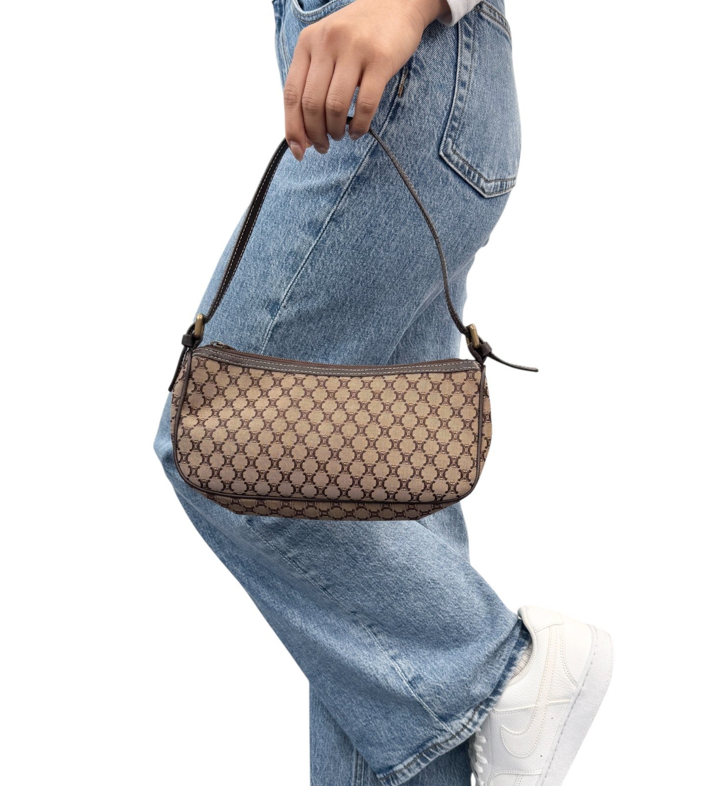 CELINE Vintage Macadam Monogram Shoulder Mini Bag Pochette Brown Canvas Leather