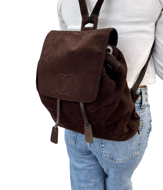 CHANEL Vintage CC Logo Suede Drawstring Flap Backpack Bag Stitch Brown Gold