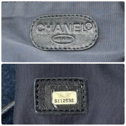 CHANEL Vintage CC Logo Denim Turnlock Tote Shoulder Bag Blue Brown Leather