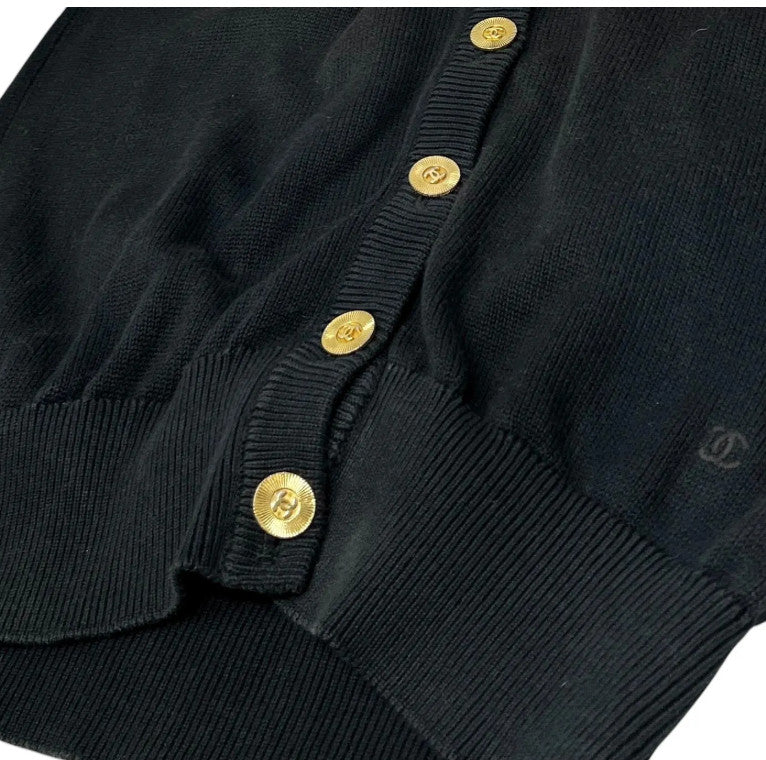 CHANEL Vintage CC Logo Cardigan Bi-color Sweater #M Button Cream Black Cotton