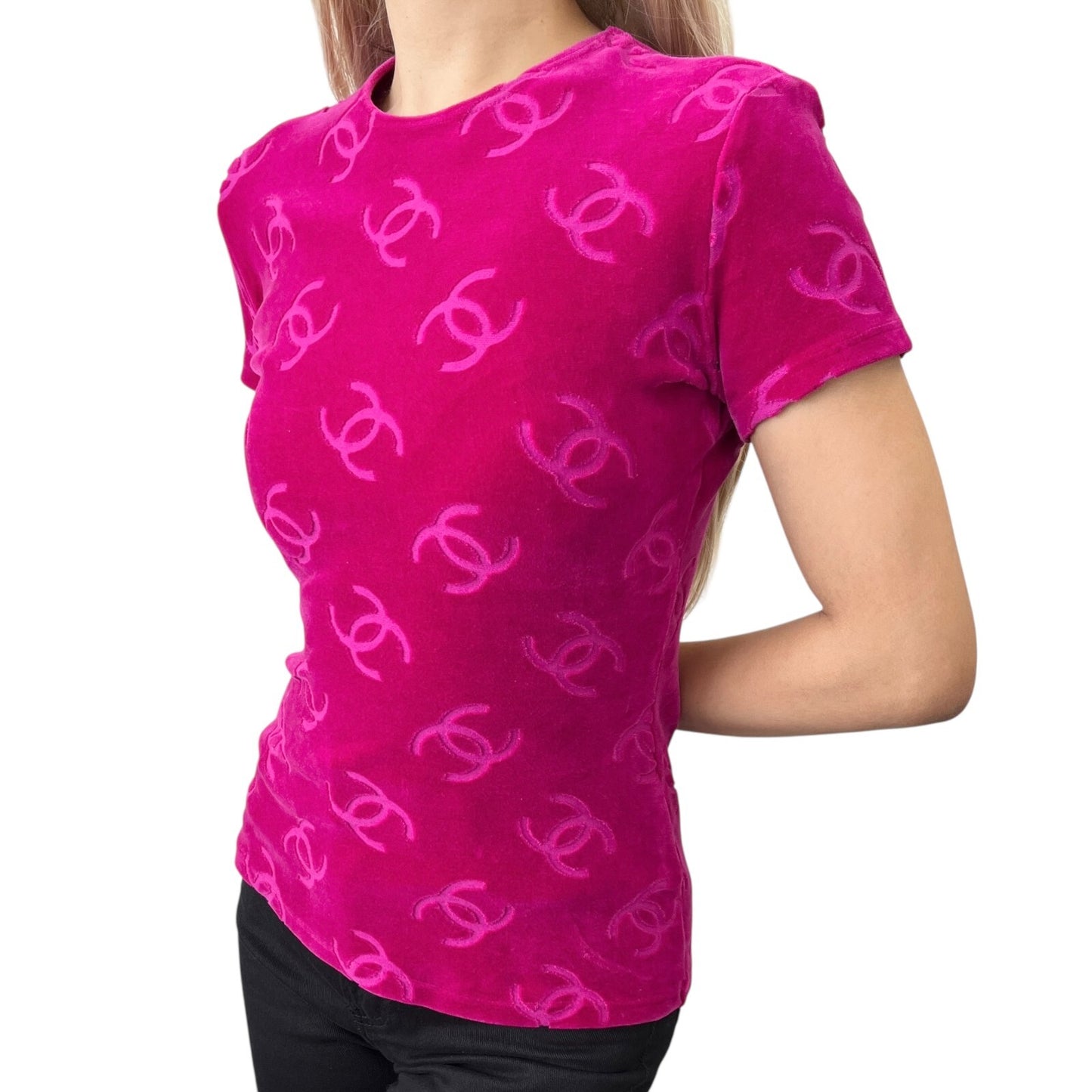 CHANEL Vintage 1996 CC Logo Velour T-shirt #40 Short Sleeve Top Pink Red