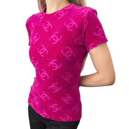 CHANEL Vintage 1996 CC Logo Velour T-shirt #40 Short Sleeve Top Pink Red