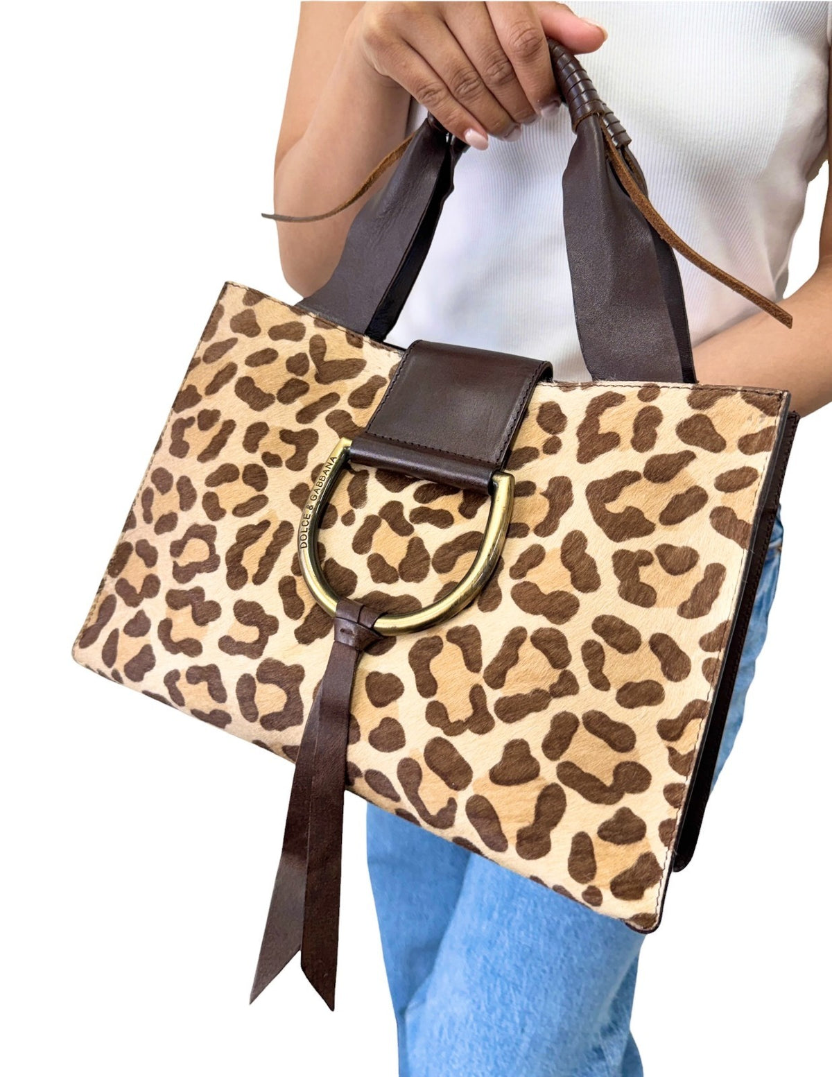 DOLCE&GABBANA Vintage Logo Leopard Pony Hair Hand Bag Beige Brown 902449