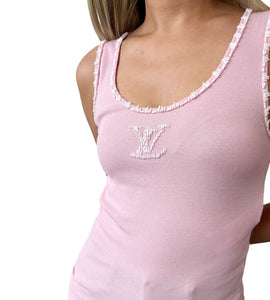 LOUIS VUITTON Vintage LV Beads Logo Tank Top #M Pink White Cotton Rank AB