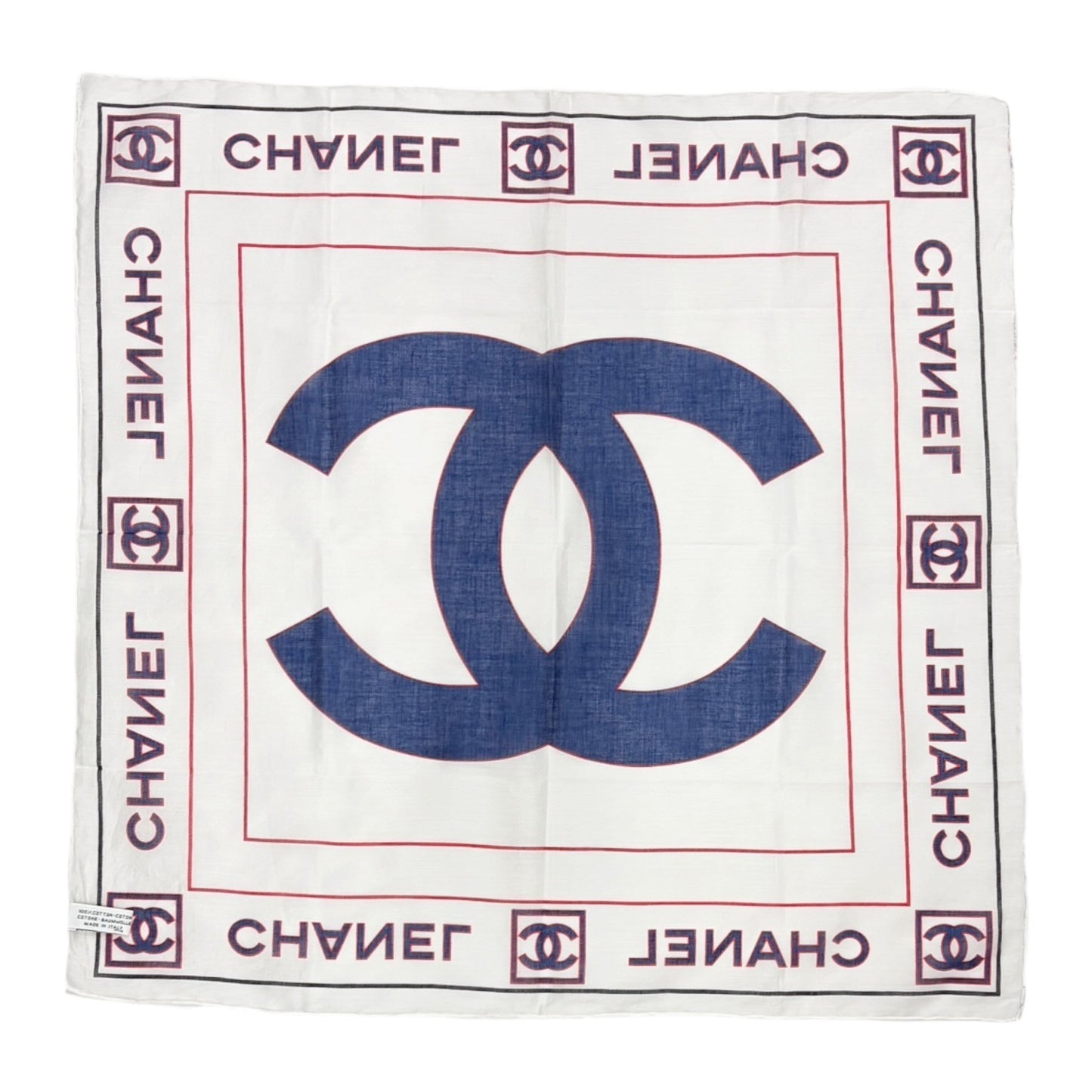 CHANEL Vintage Big CC Logo Scarf Wrap Headscarf White Blue Cotton 902009