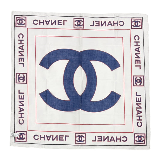 CHANEL Vintage Big CC Logo Scarf Wrap Headscarf White Blue Cotton 902009