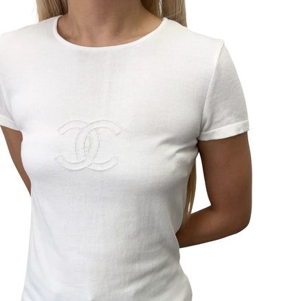 CHANEL Vintage 05C CC Logo Knit T-shirt Top #38 White Short Sleeve 902424