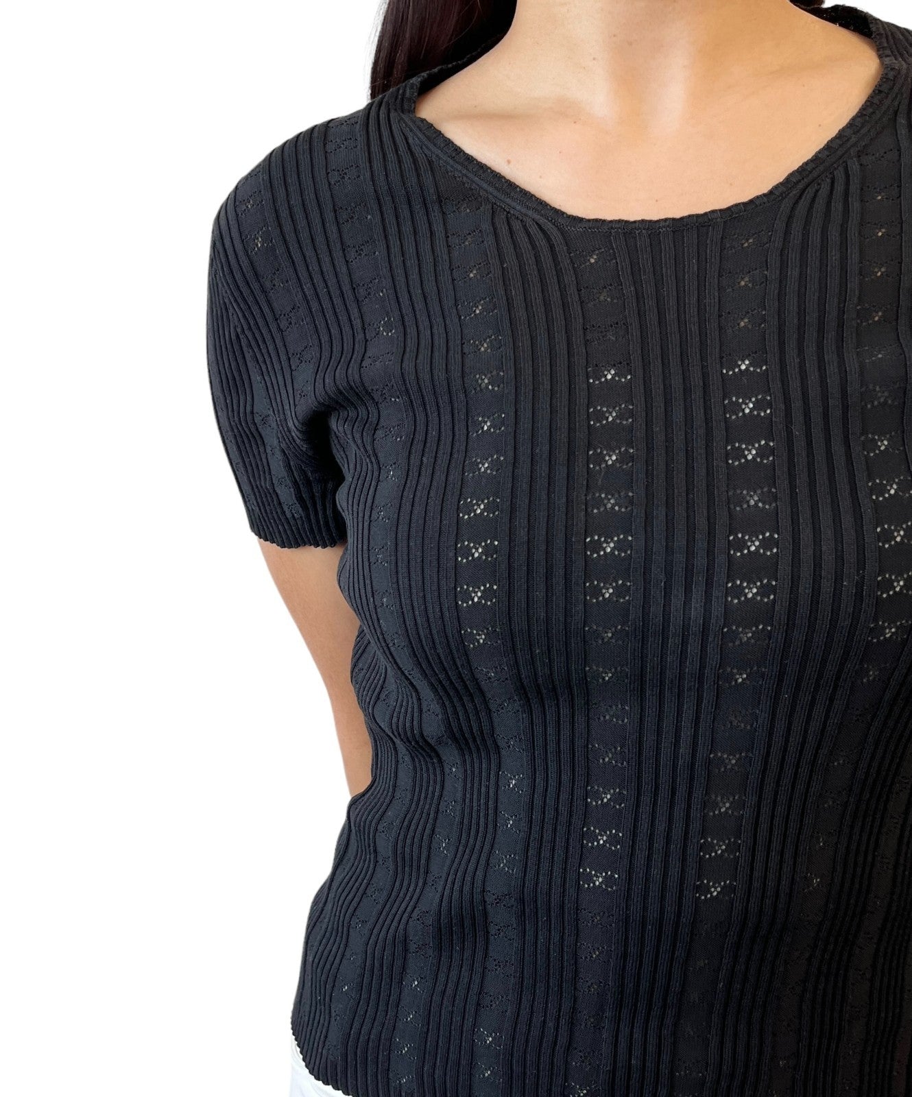 CHANEL Vintage 05P CC Logo Summer Rib Knit Top T-shirt Black Cotton Short Sleeve