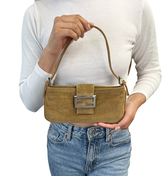 FENDI Vintage FF Logo Corduroy Mamma Baguette Shoulder Mini Bag Light Brown Zip