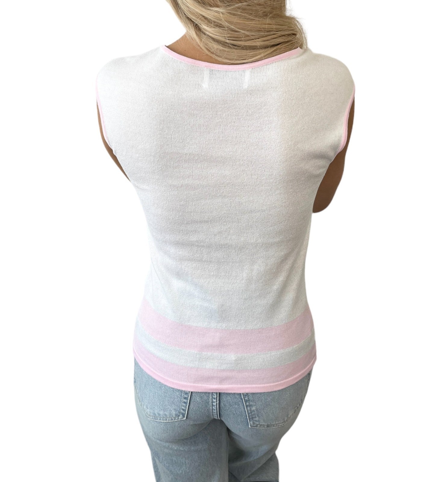 CHANEL Vintage 00S CC Mark Logo Sleeveless Top Tank Knit Cotton White Pink