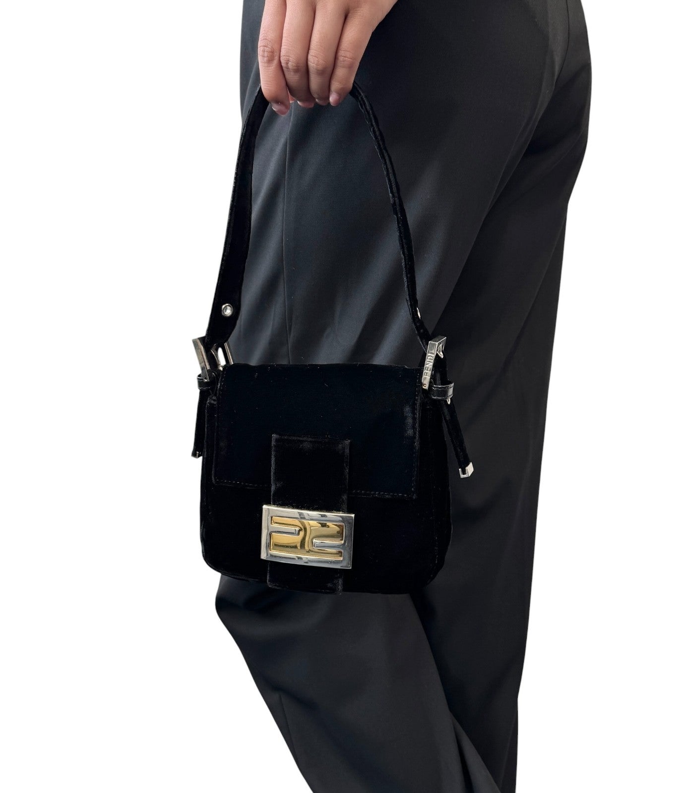 FENDI Vintage FF Logo Mamma Baguette Shoulder Bag Black Silver Velour 902207