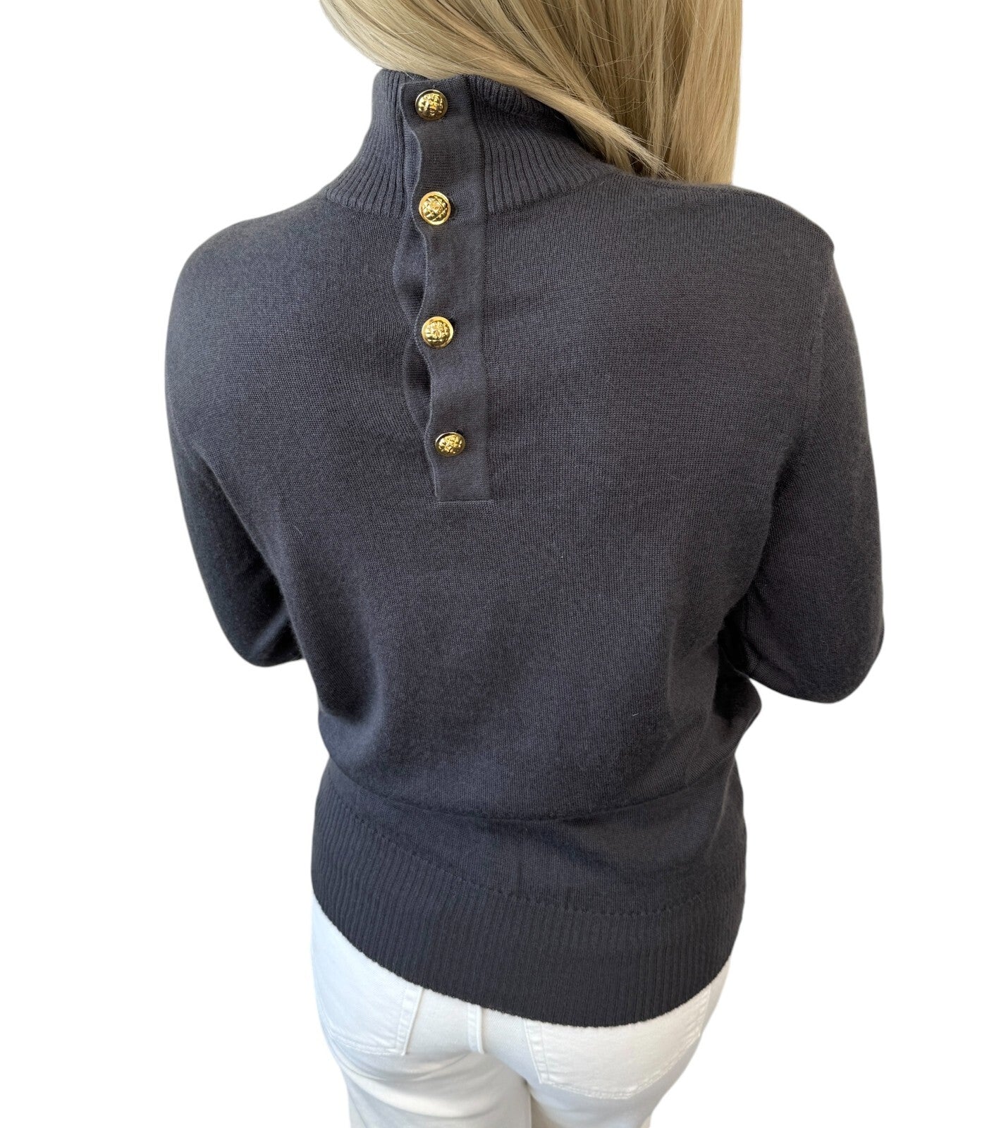 CHANEL Vintage CC Logo Turtleneck Sweater Top #36 Gray Gold Button Wool RankAB+
