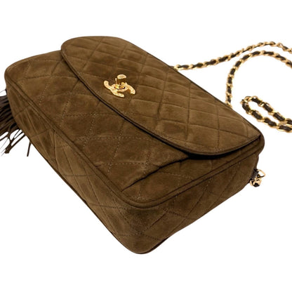 CHANEL Vintage CC Turnlock Quilted Chain Shoulder Bag Brown Gold Suede 902333