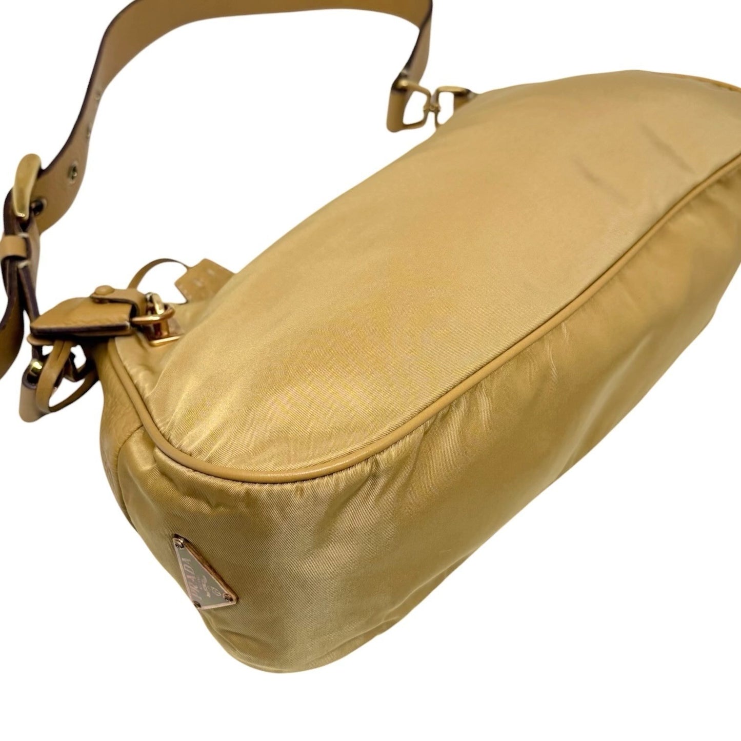 PRADA Vintage Triangle Logo Tessuto Nylon Shoulder Hobo Bag Leather Yellow Key