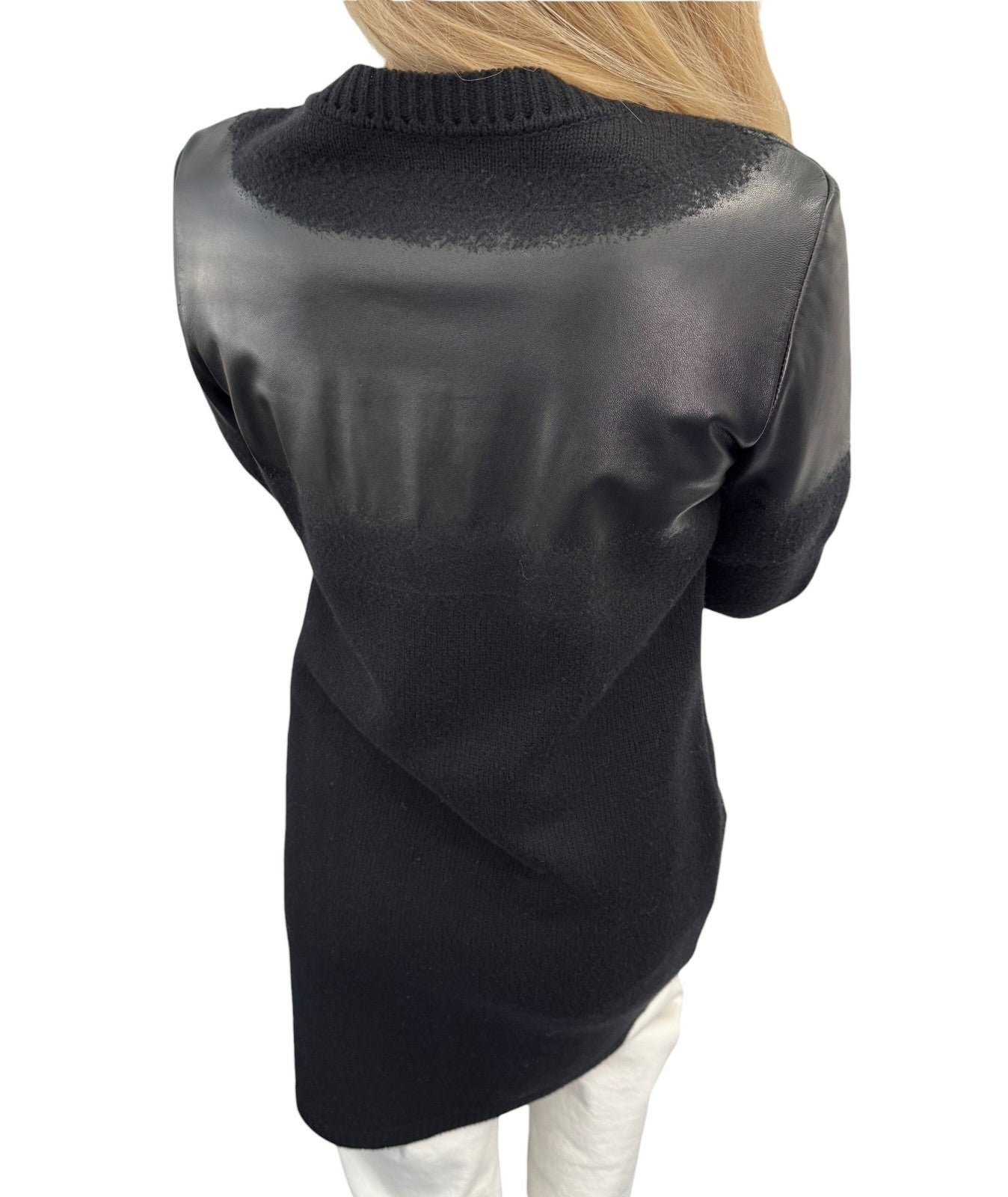 CHANEL Vintage P44562 CC Logo Lambskin Leather Knit Long Jacket #36 Wool Black