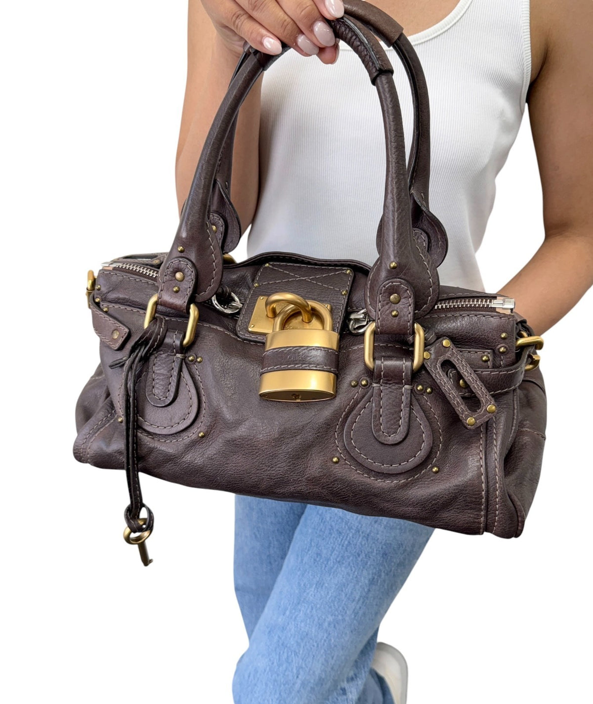 Chloe Vintage Paddington Padlock Key Boston Bag Leather Brown Gold 902317