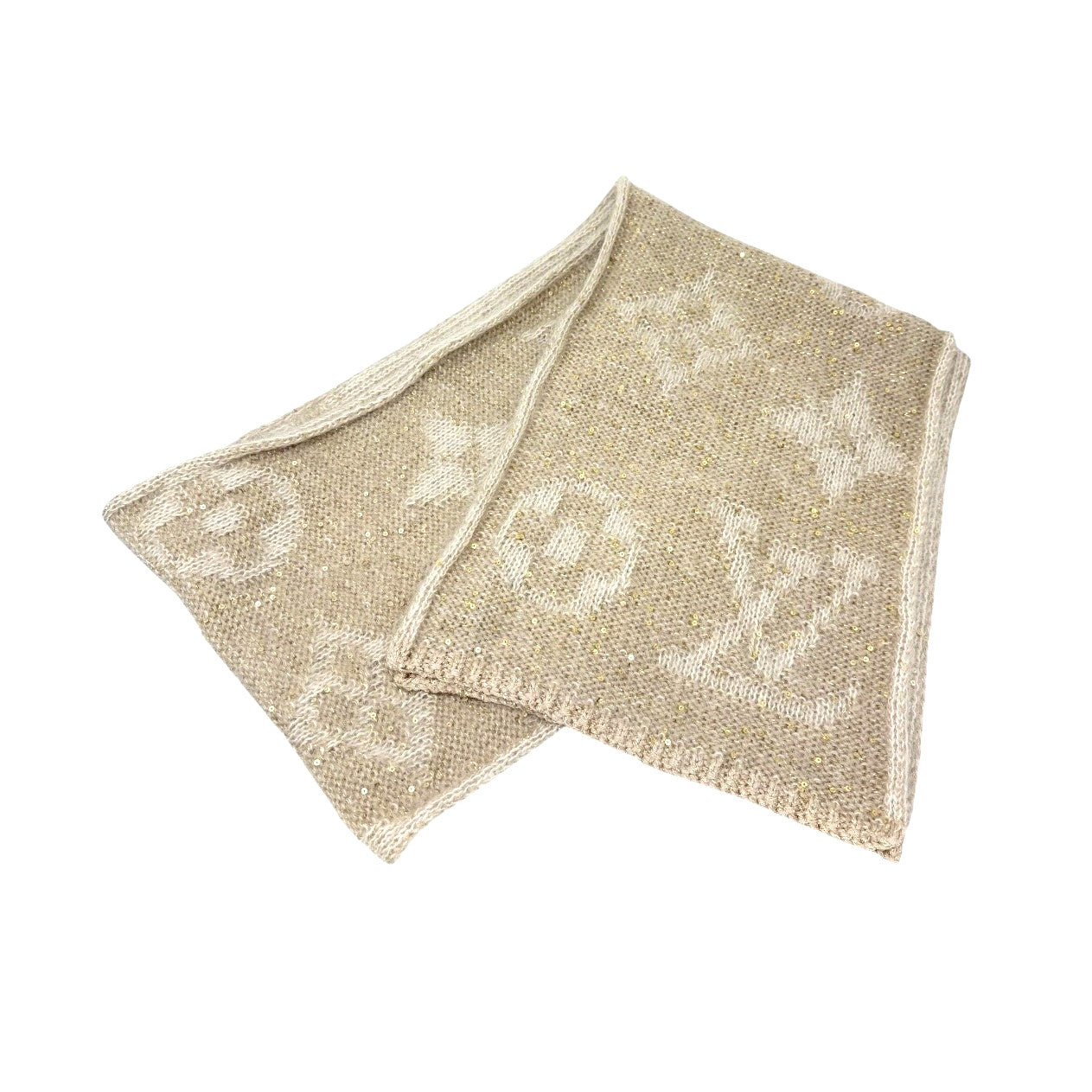 LOUIS VUITTON Vintage LV Monogram Knit Sequins Scarf Shawl Wrap Beige Mohair
