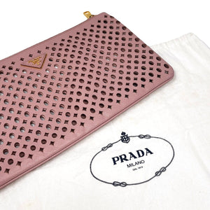 PRADA Vintage Logo Punching Clutch Bag Pink Gold Zip Leather Rank AB