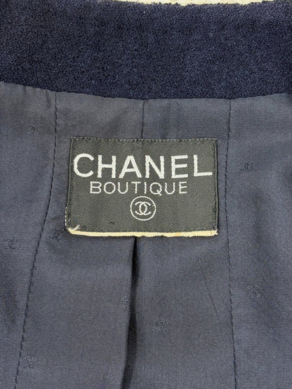 CHANEL Vintage CC Logo Button Tweed Jacket Blue White Wool Silk 106914