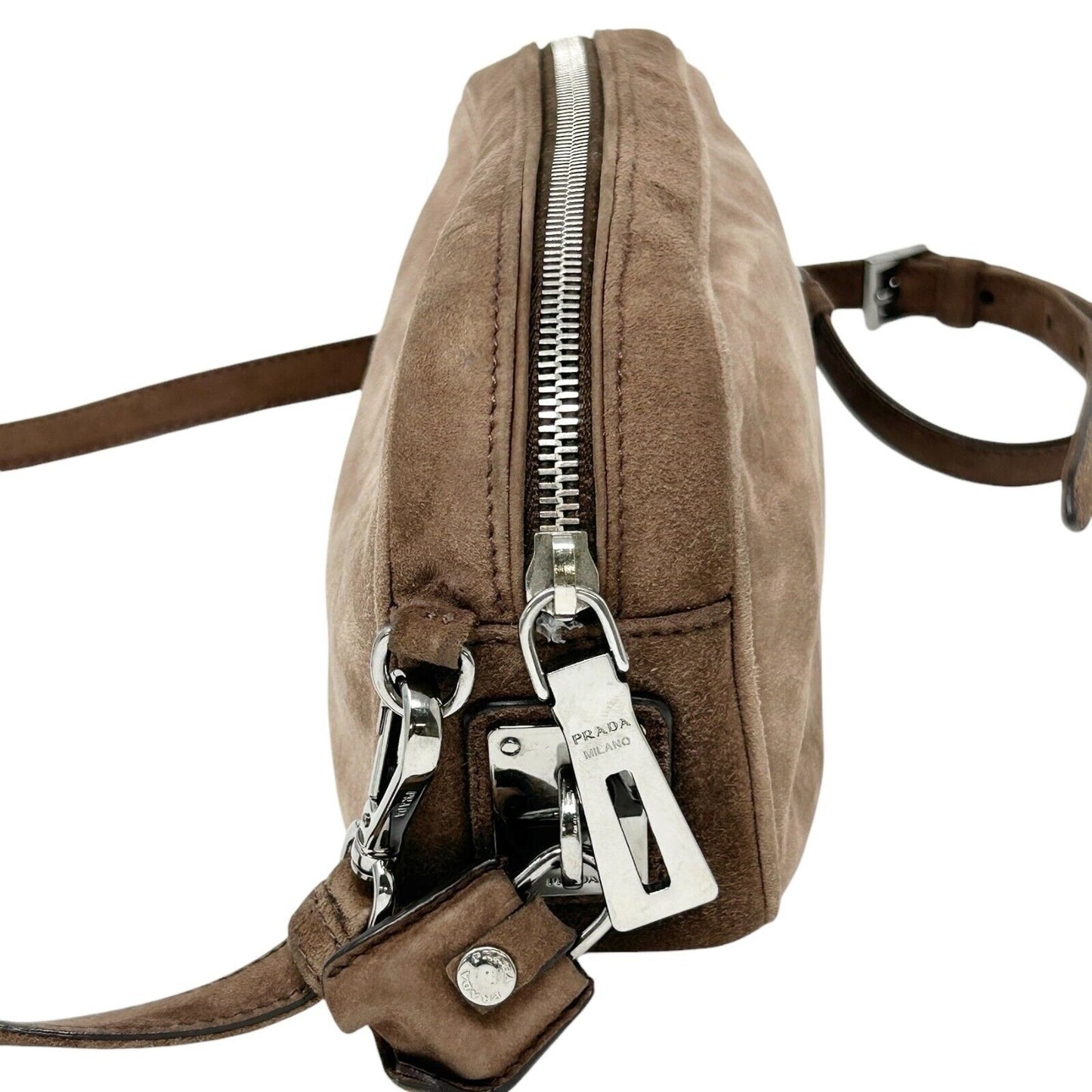 PRADA Vintage Logo 2way Crossbody Bag Clutch Pochette Mocha Brown Suede Zip