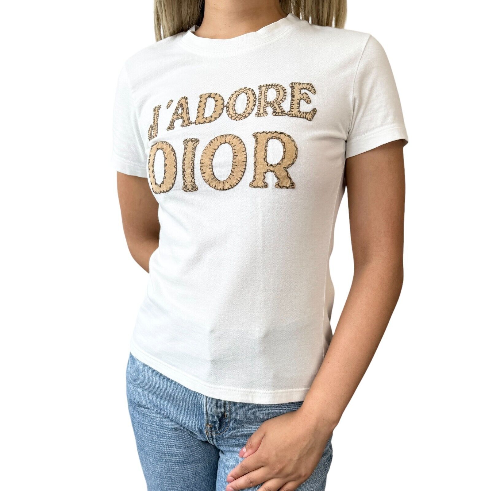 Christian Dior Vintage J'ADORE Logo T-shirt Top #38 Stitch White Cotton Rank AB