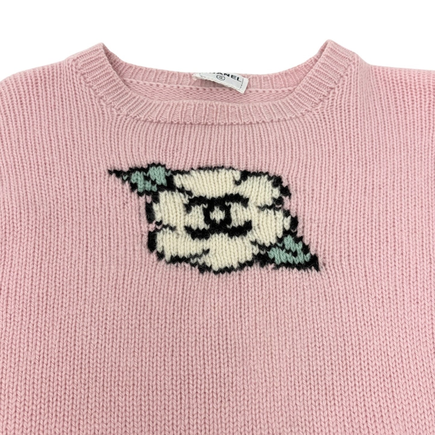 CHANEL Vintage 95A CC Logo Cashmere Knit Sweater Top Camellia #S Pink 902400