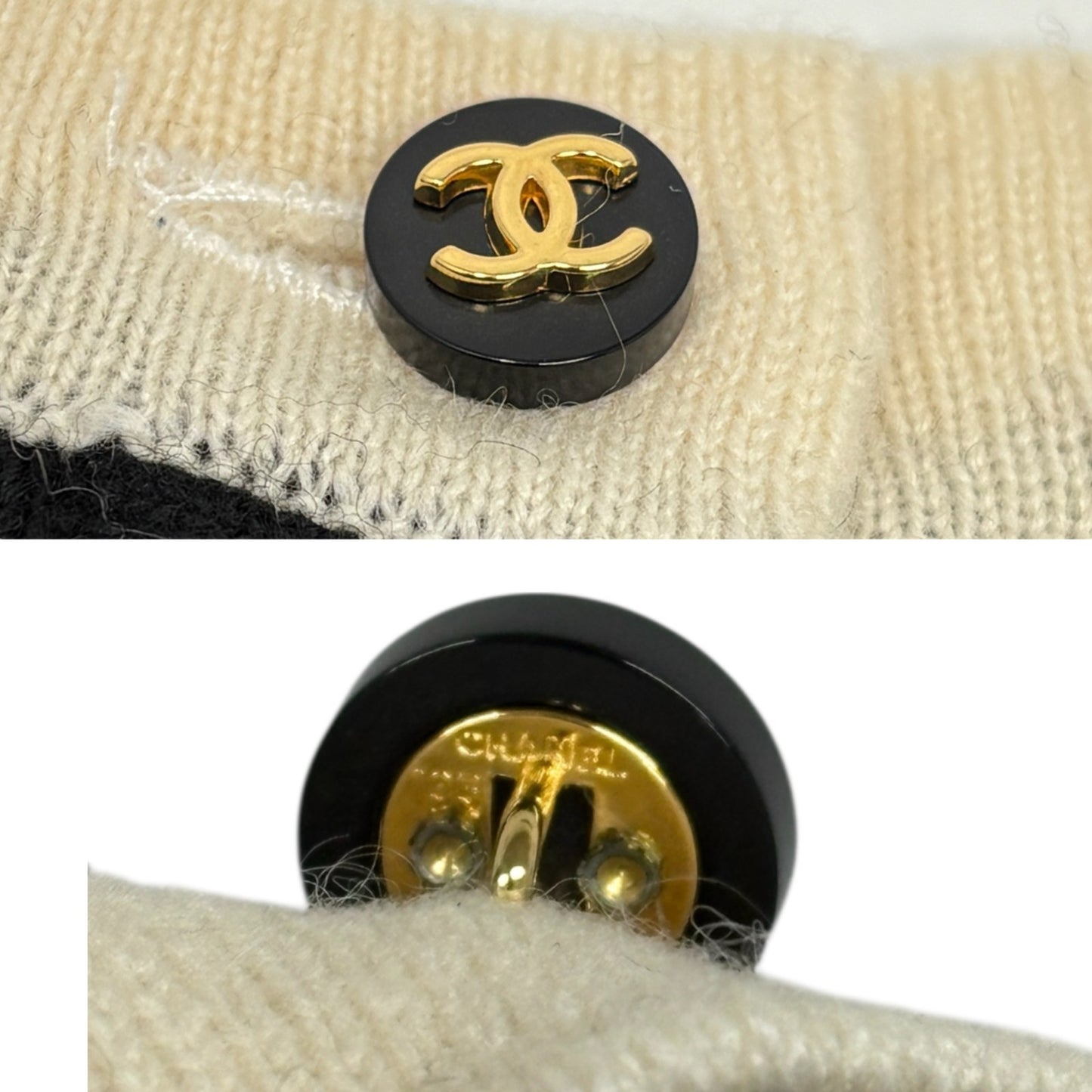 CHANEL Vintage 96A CC Logo Button Knit Top T-shirt #40 Black White Cashmere