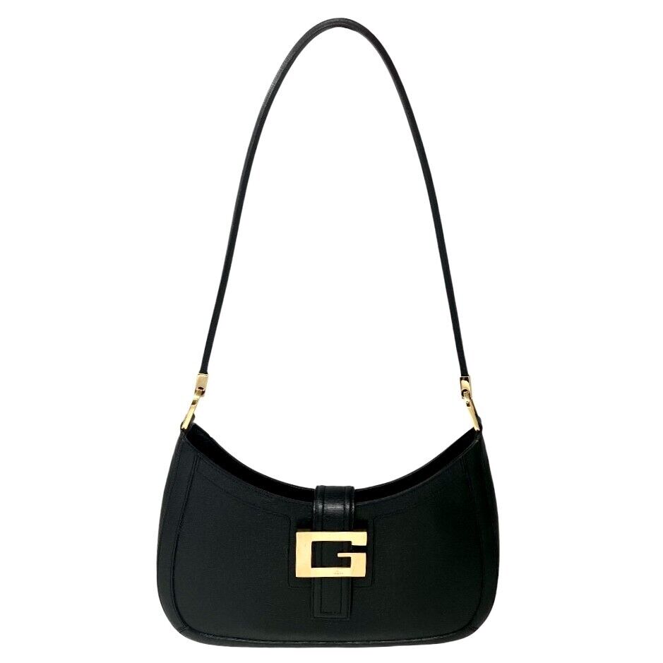 GUCCI Vintage G Square Logo Shoulder Bag Black Gold Magnet Leather Rank AB