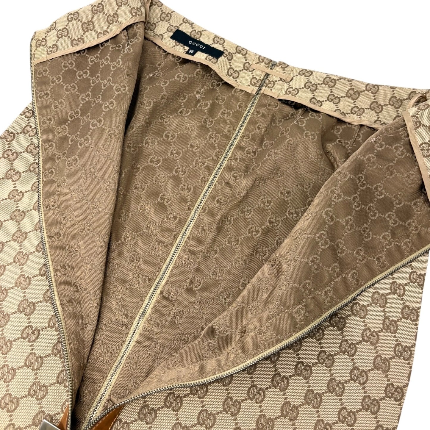 GUCCI Vintage GG Monogram Zip Knee Length Skirt #38 Beige Canvas Leather 902232