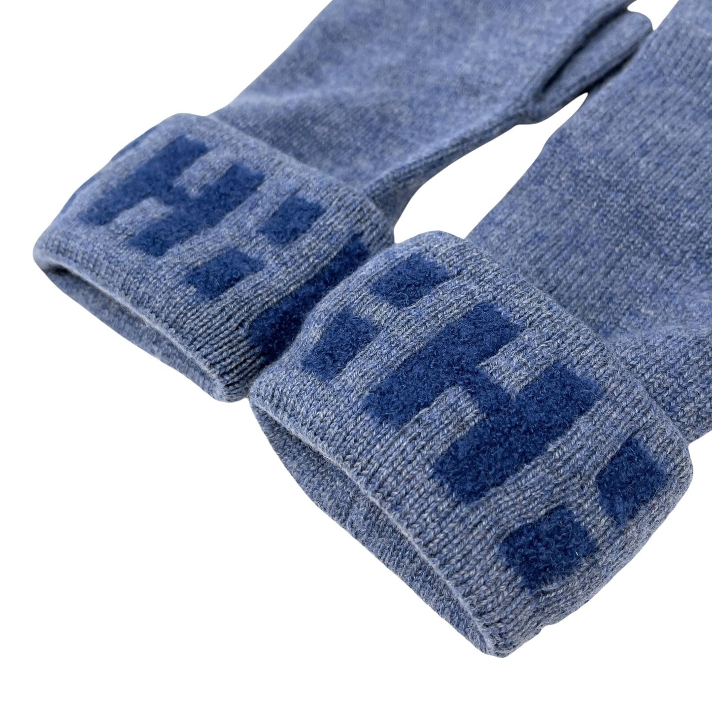 HERMES Vintage H Logo Gloves #S Knit Fashion Winter Accessory Blue Cashmere