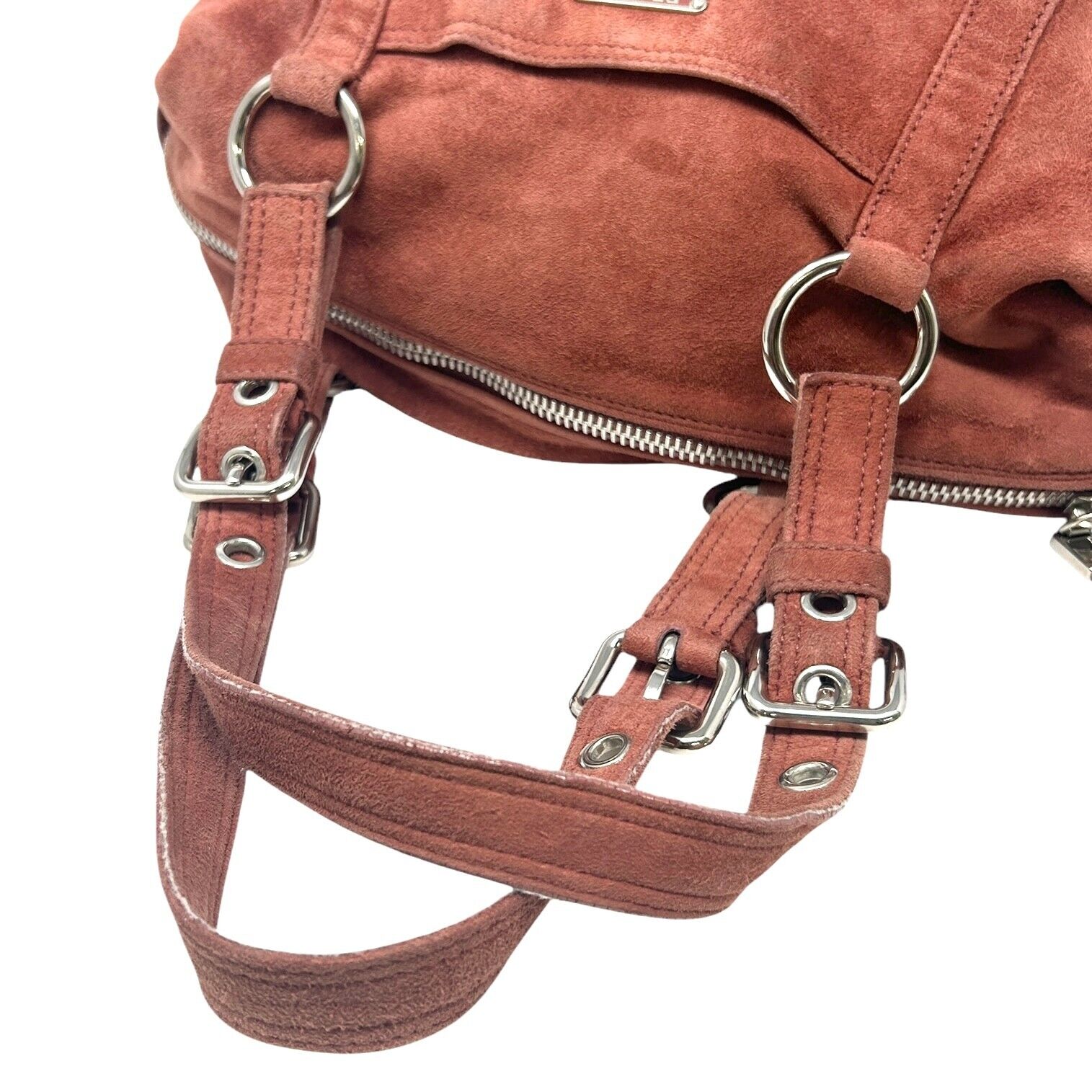 PRADA Vintage Logo Shoulder Bag Tote Red Brown Silver Handbag Suede Zip